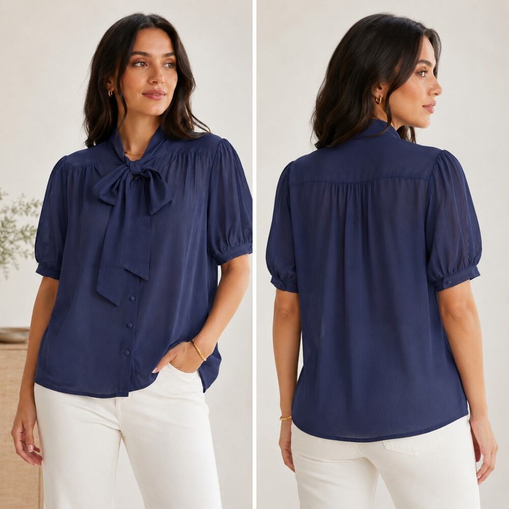 Tulip B Medium Navy Tie Neck Blouse Puff Sleeve Covered Button Front